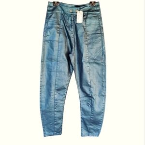 Sandwich Denim Blue/Green Coated Denim Barrel Jeans